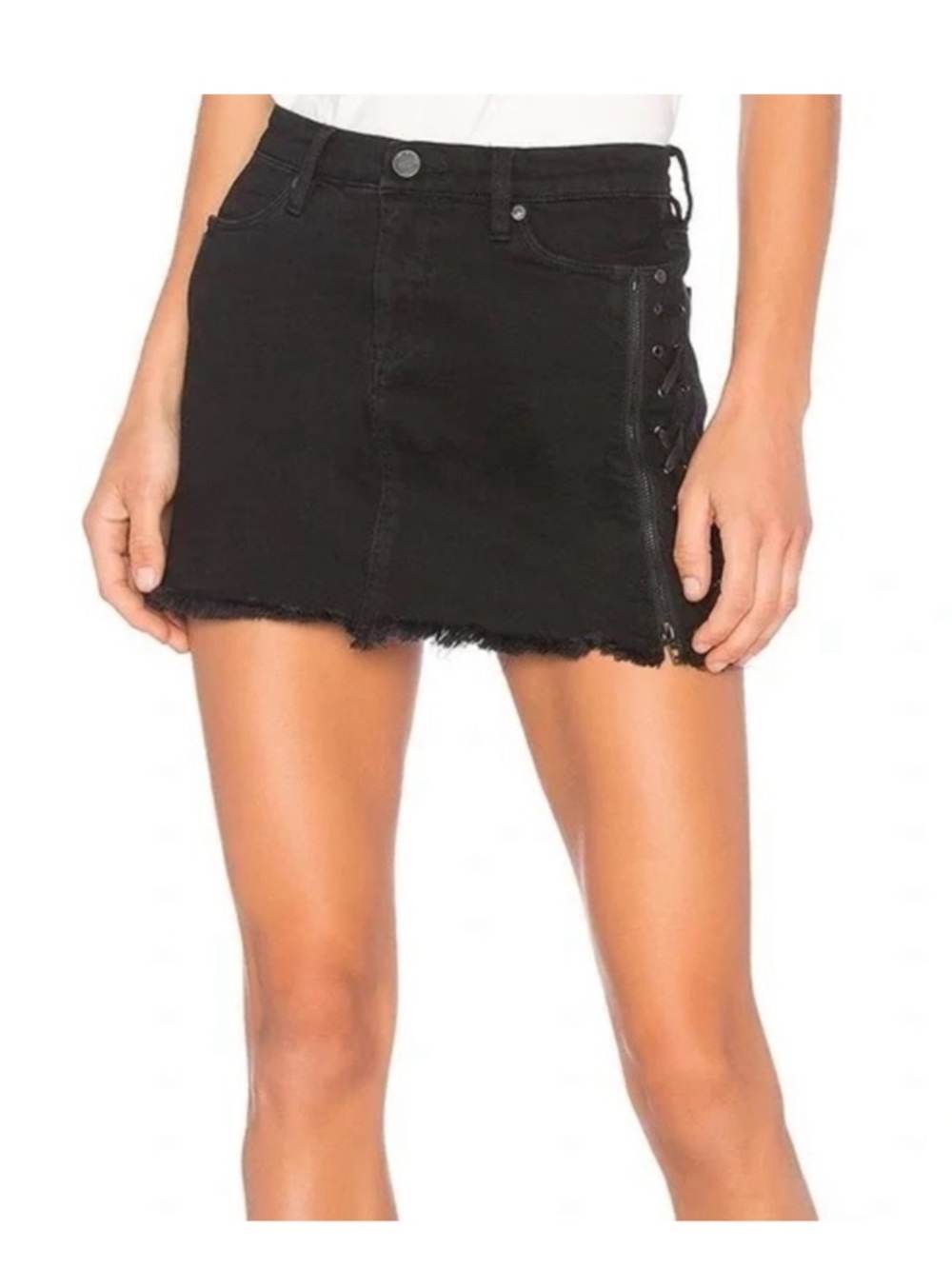 Blank NYC Black Lace-Up Raw Hem Denim Mini Skirt